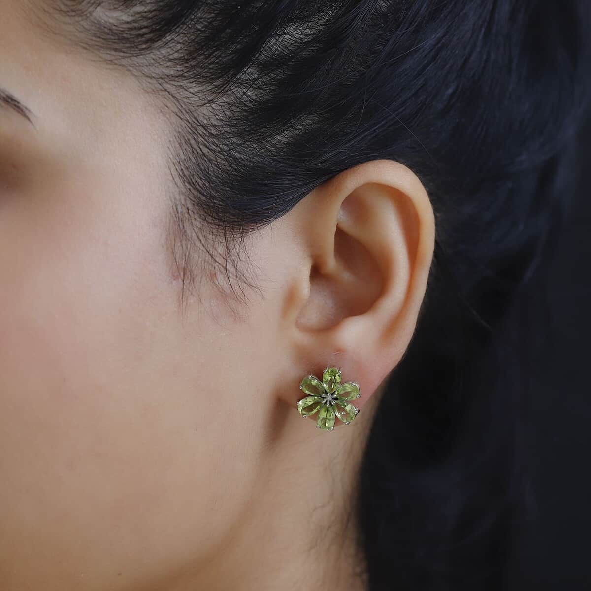 Peridot Floral Stud Earrings in Platinum Over Sterling Silver 5.00 ctw image number 2
