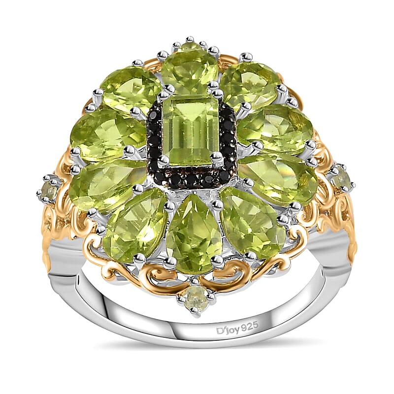 Peridot and Thai Black Spinel Floral Ring in Vermeil YG and Platinum Over Sterling Silver (Size 10.0) (Del. in 10-12 Days) 5.10 ctw