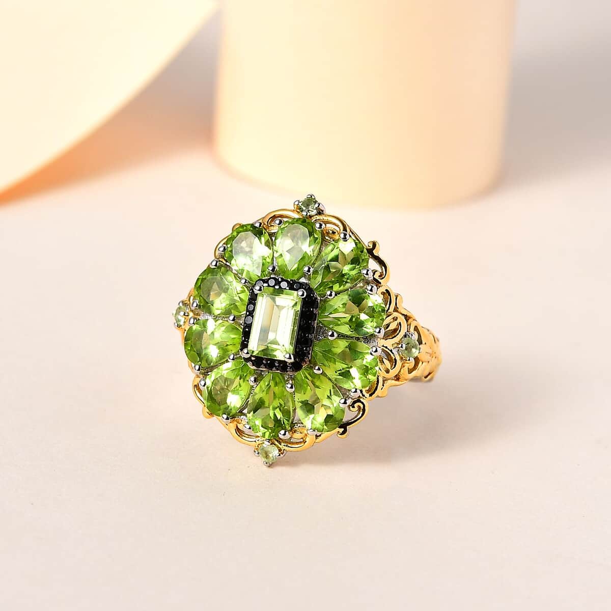 Peridot and Thai Black Spinel Floral Ring in Vermeil YG and Platinum Over Sterling Silver (Del. in 10-12 Days) 5.60 ctw image number 1