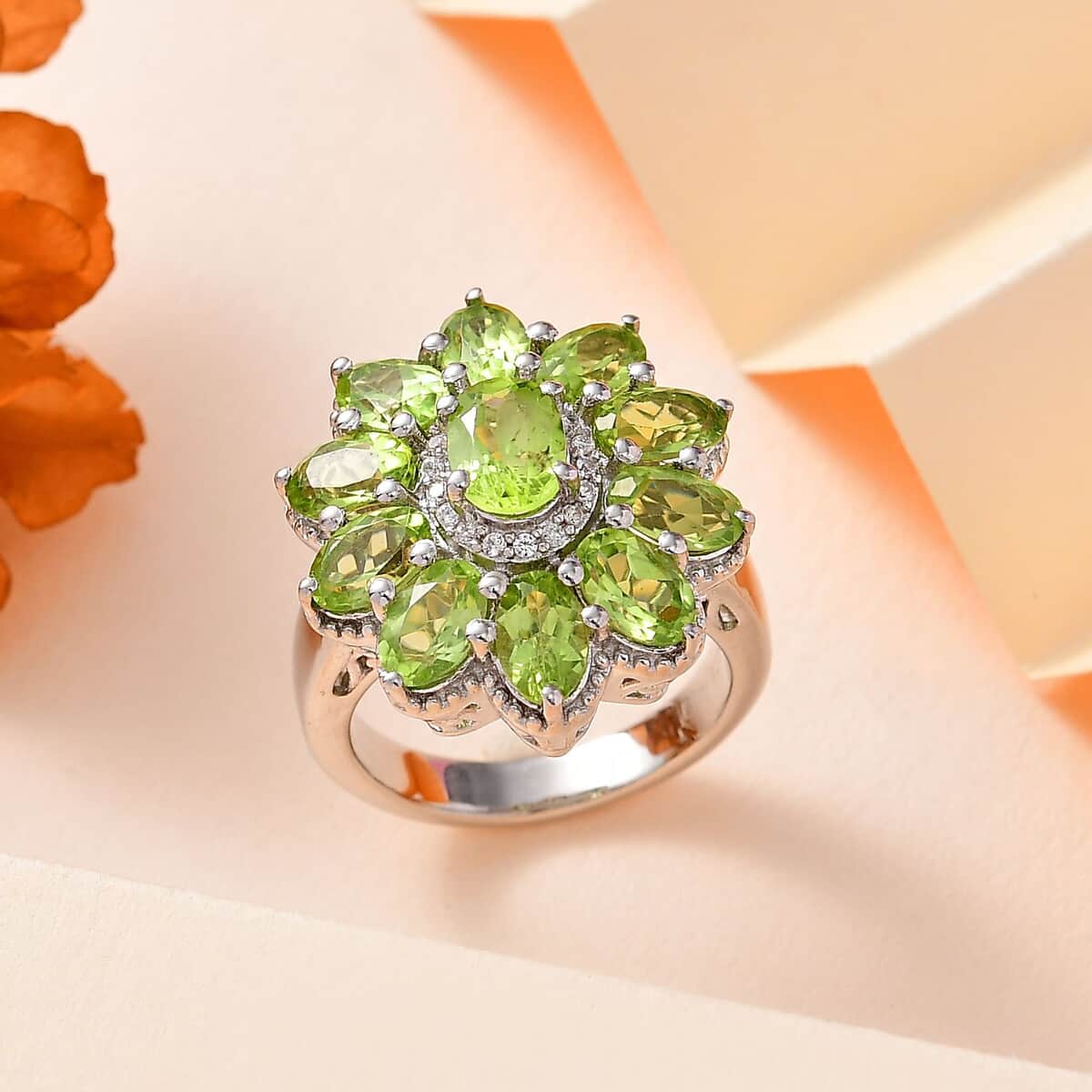 Peridot and White Zircon Floral Ring in Platinum Over Sterling Silver (Size 8.0) 6.00 ctw image number 1