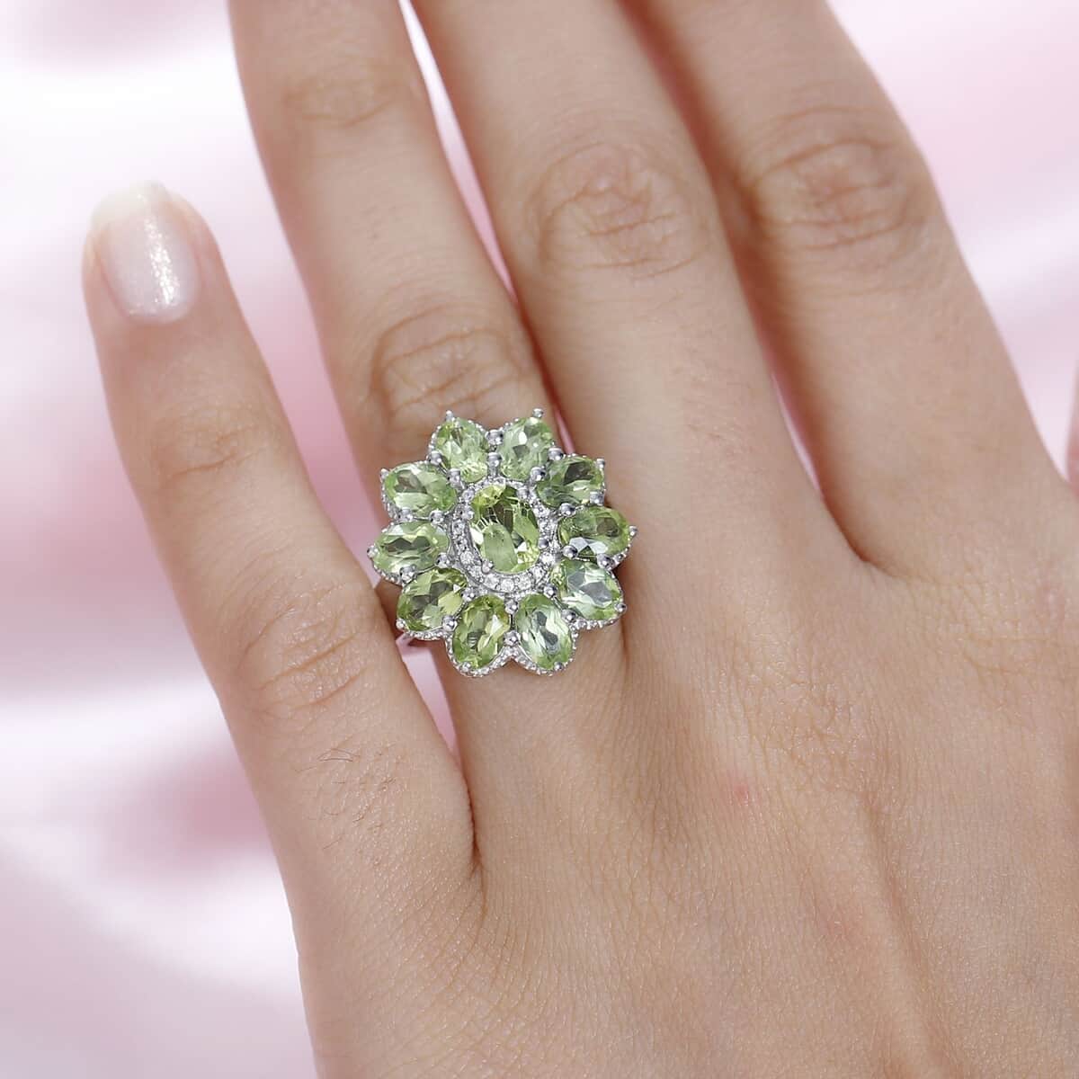 Peridot and White Zircon Floral Ring in Platinum Over Sterling Silver (Size 8.0) 6.00 ctw image number 2