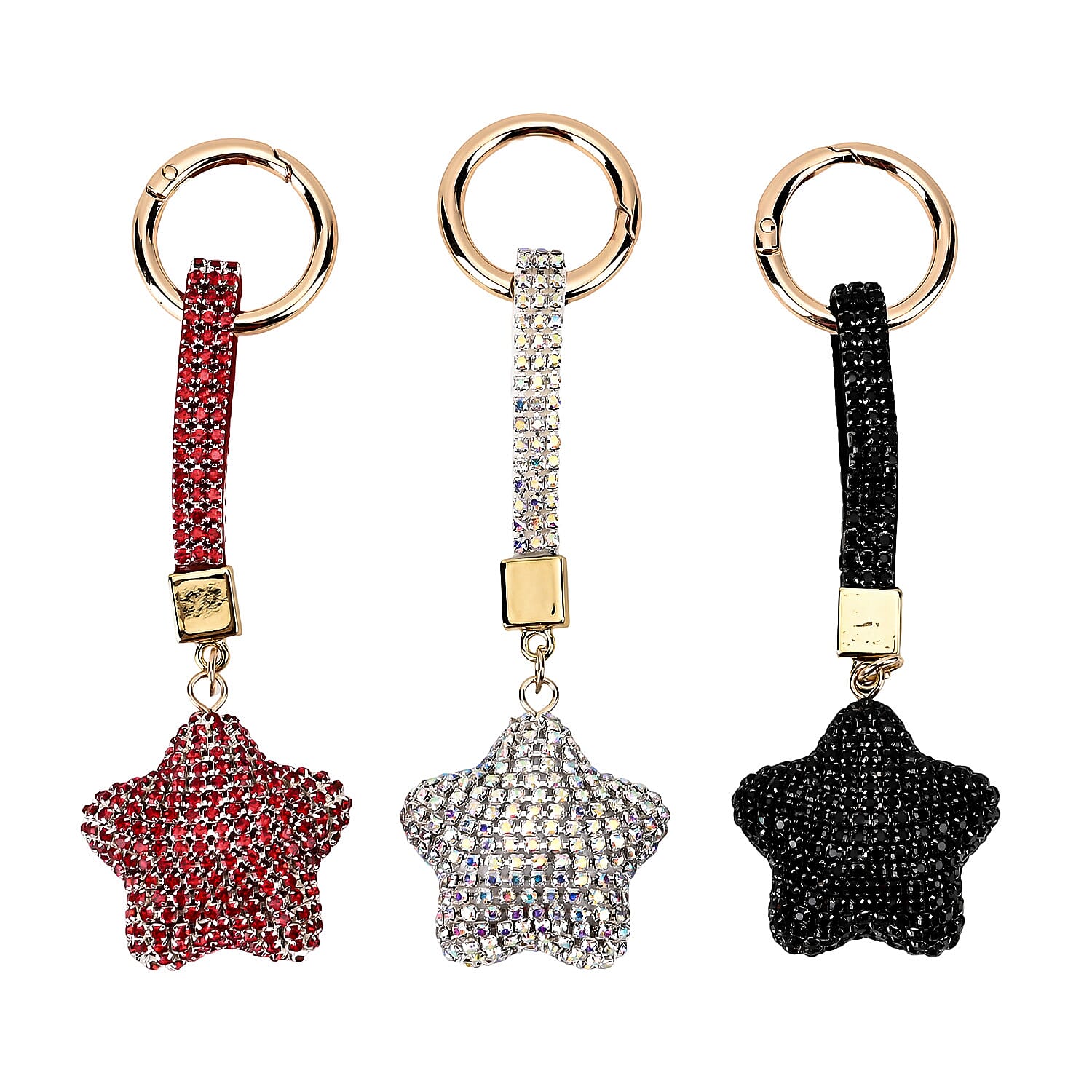 Set of 3 Black, Aurora Borealis, Red Sparkling Rhinestone Star Keychain in Goldtone