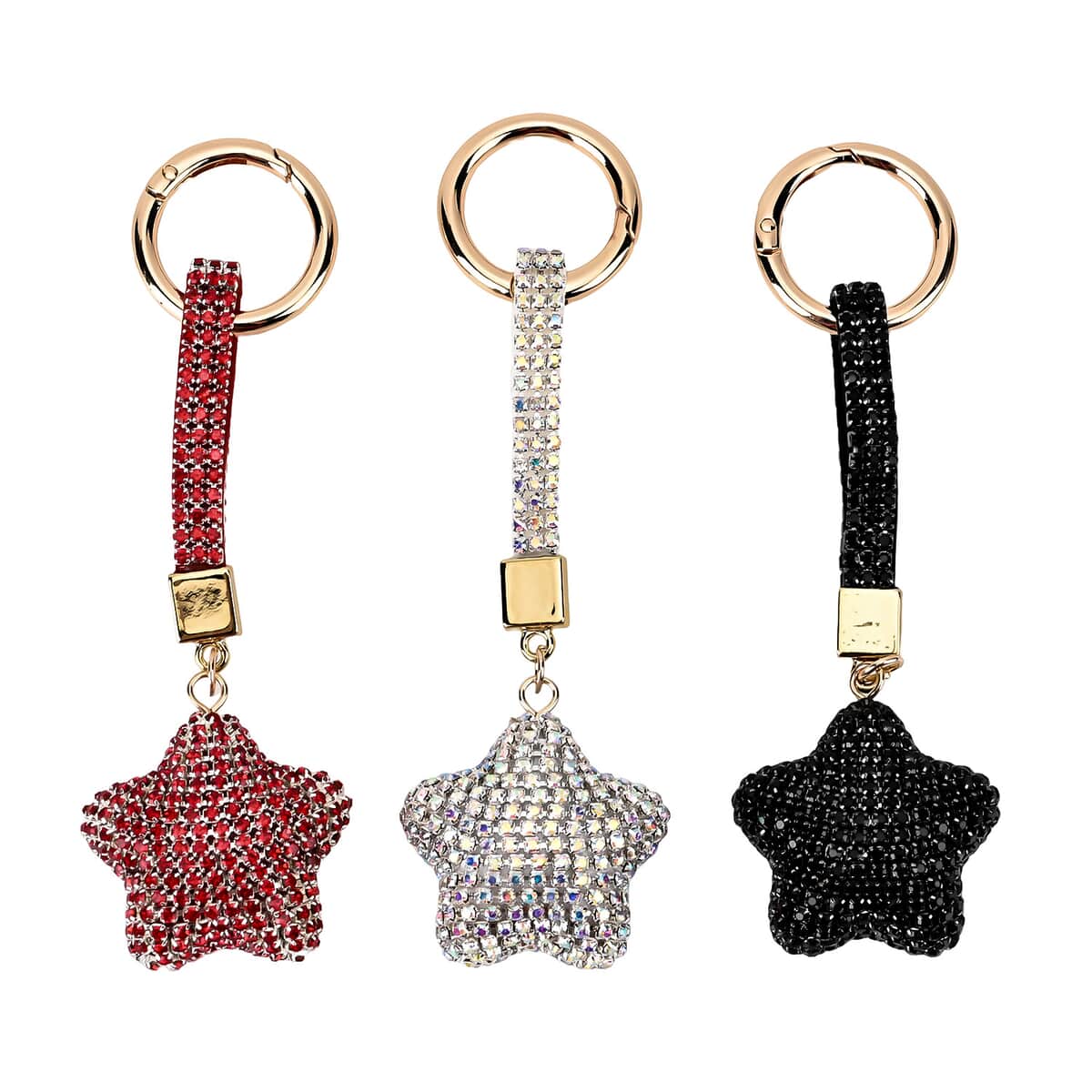 Set of 3 Black, Aurora Borealis, Red Sparkling Rhinestone Star Keychain in Goldtone image number 0