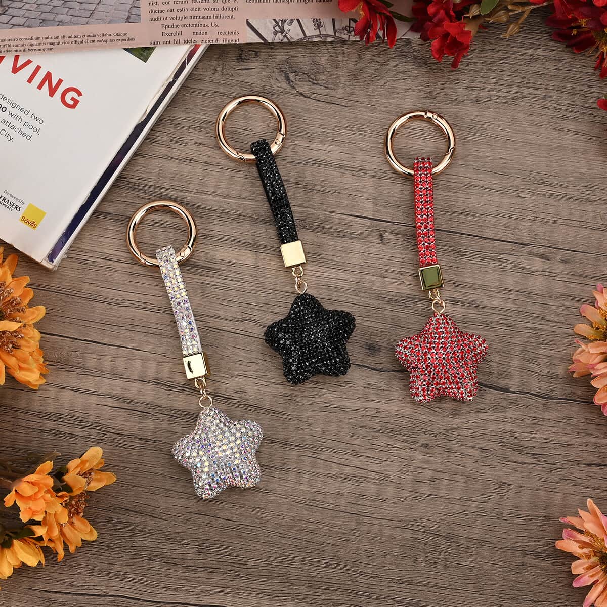 Set of 3 Black, Aurora Borealis, Red Sparkling Rhinestone Star Keychain in Goldtone image number 1