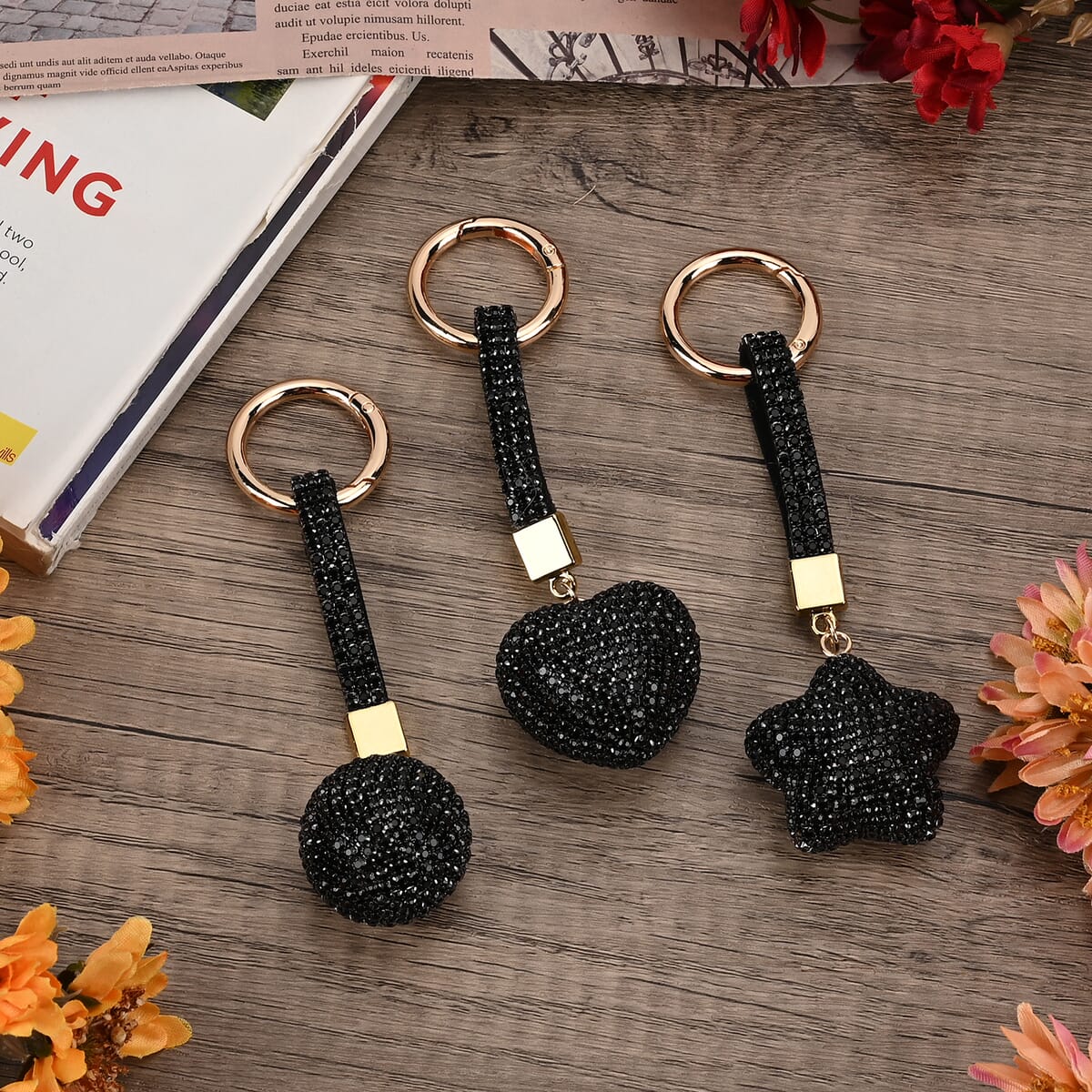 Set of 3 Black, Aurora Borealis, Red Sparkling Rhinestone Heart Keychain in Goldtone image number 1