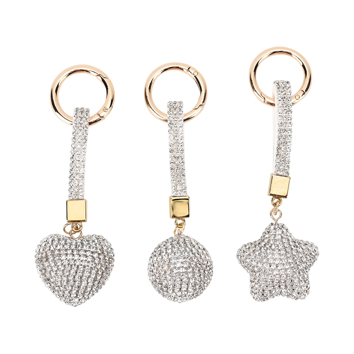 Set of 3 White Sparkling Rhinestone Star, Heart, Round Keychain in Goldtone image number 0