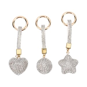 Set of 3 White Sparkling Rhinestone Star, Heart, Round Keychain in Goldtone