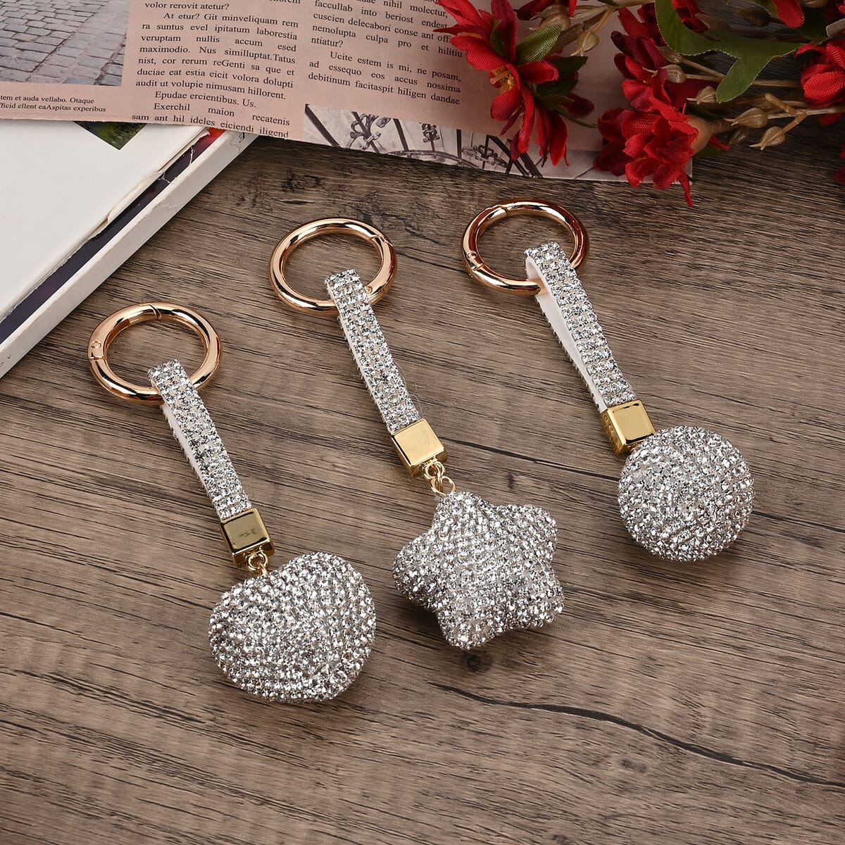 Set of 3 White Sparkling Rhinestone Star, Heart, Round Keychain in Goldtone image number 1
