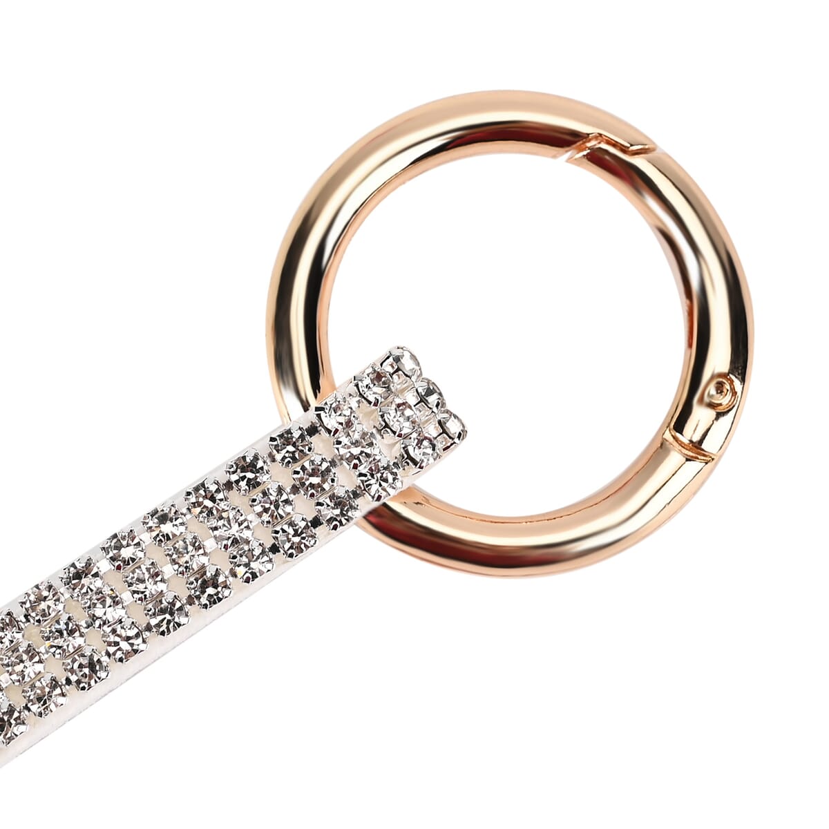 Set of 3 White Sparkling Rhinestone Star, Heart, Round Keychain in Goldtone image number 3