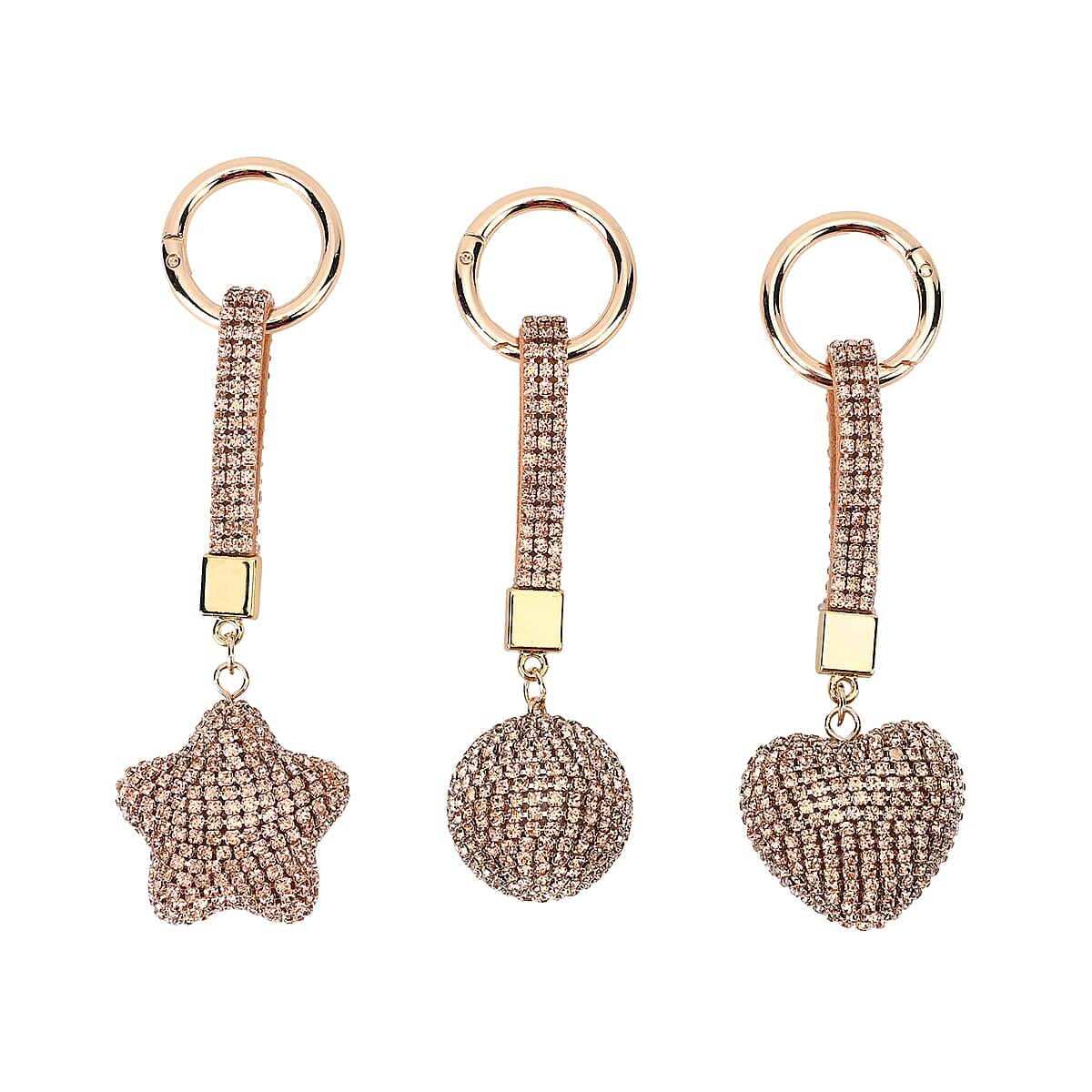 Set of 3 Champagne Sparkling Rhinestone Star, Heart, Round Keychain in Goldtone image number 0