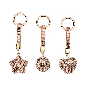 Set of 3 Champagne Sparkling Rhinestone Star, Heart, Round Keychain in Goldtone