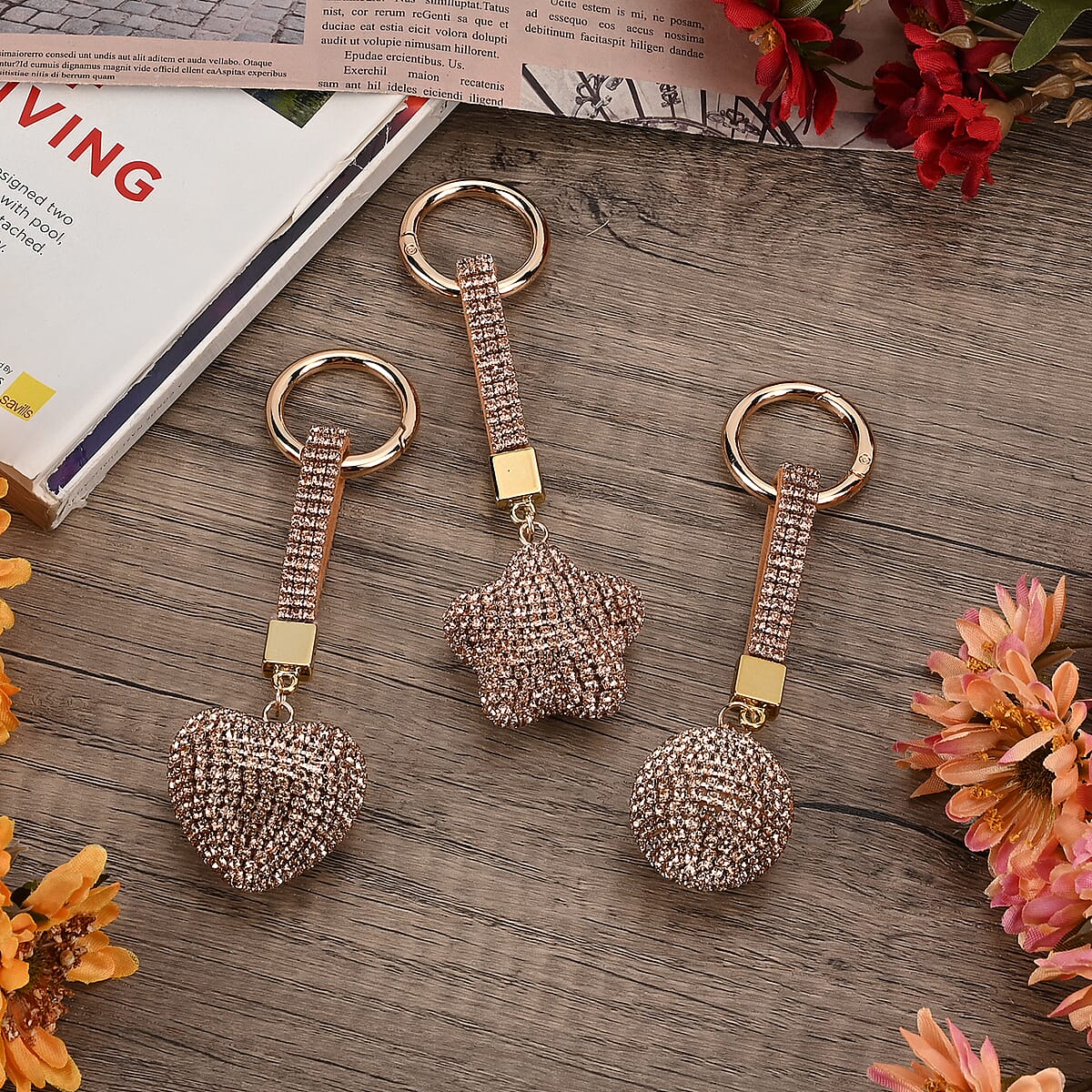 Set of 3 Champagne Sparkling Rhinestone Star, Heart, Round Keychain in Goldtone image number 1