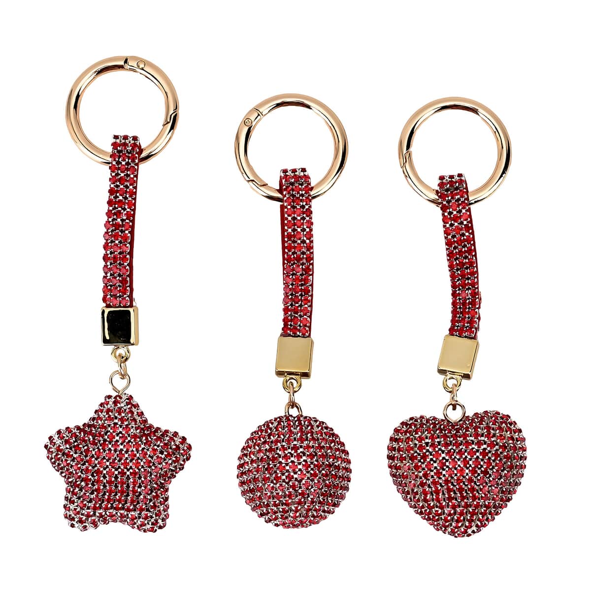 Set of 3 Red Sparkling Rhinestone Star, Heart, Round Keychain in Goldtone image number 0