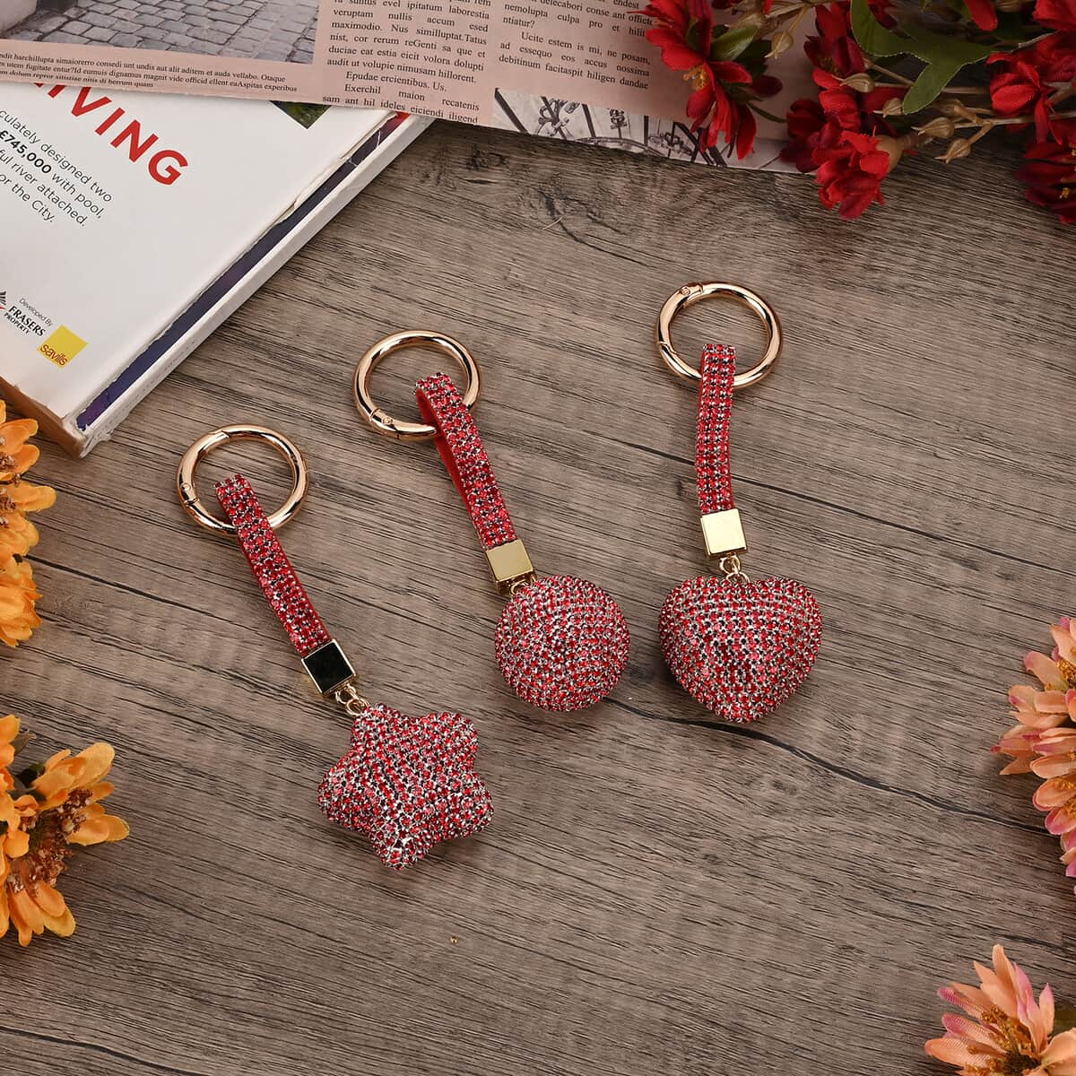 Set of 3 Red Sparkling Rhinestone Star, Heart, Round Keychain in Goldtone image number 1