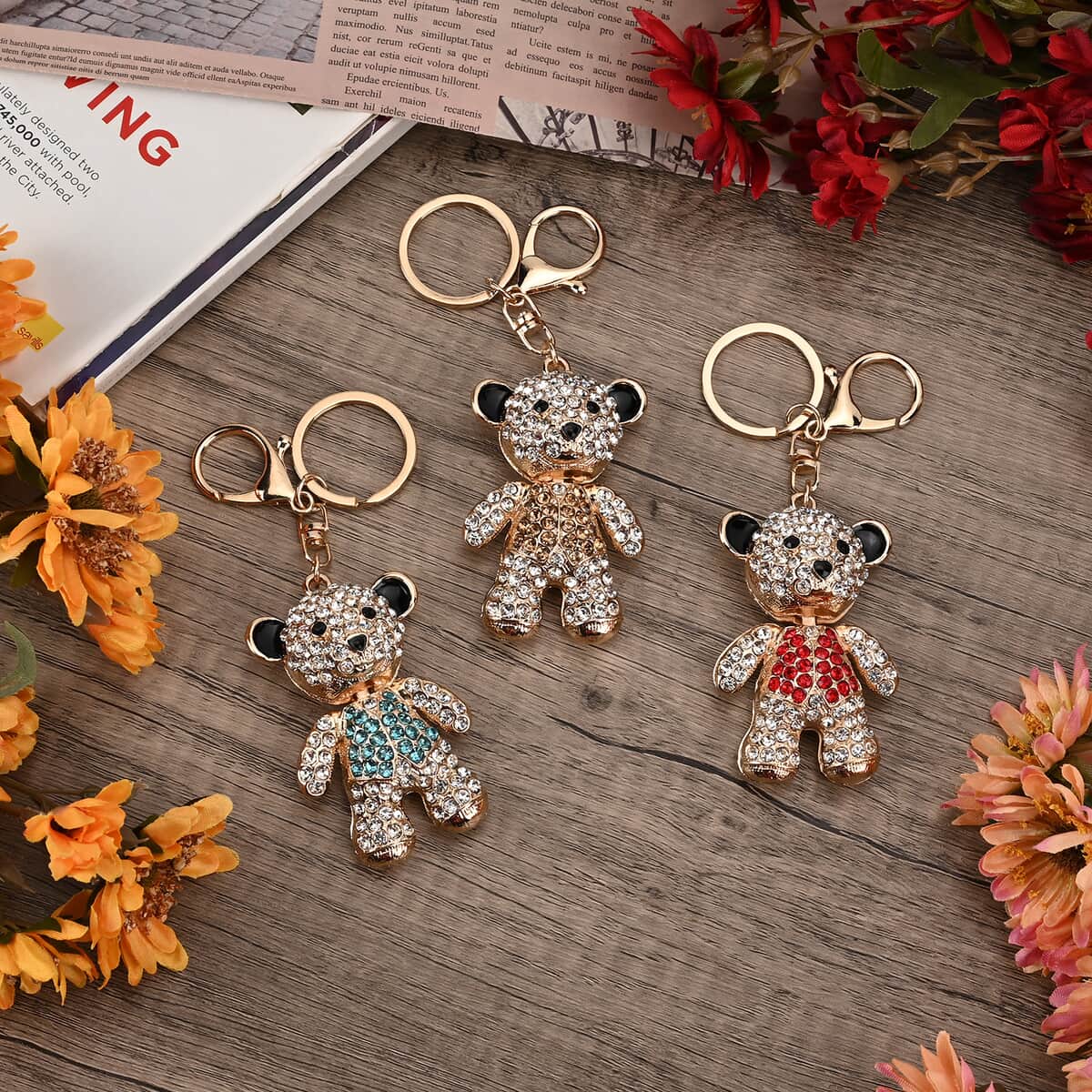 Set of 3 Sparkling Rhinestone Bear Keychain in Goldtone image number 1