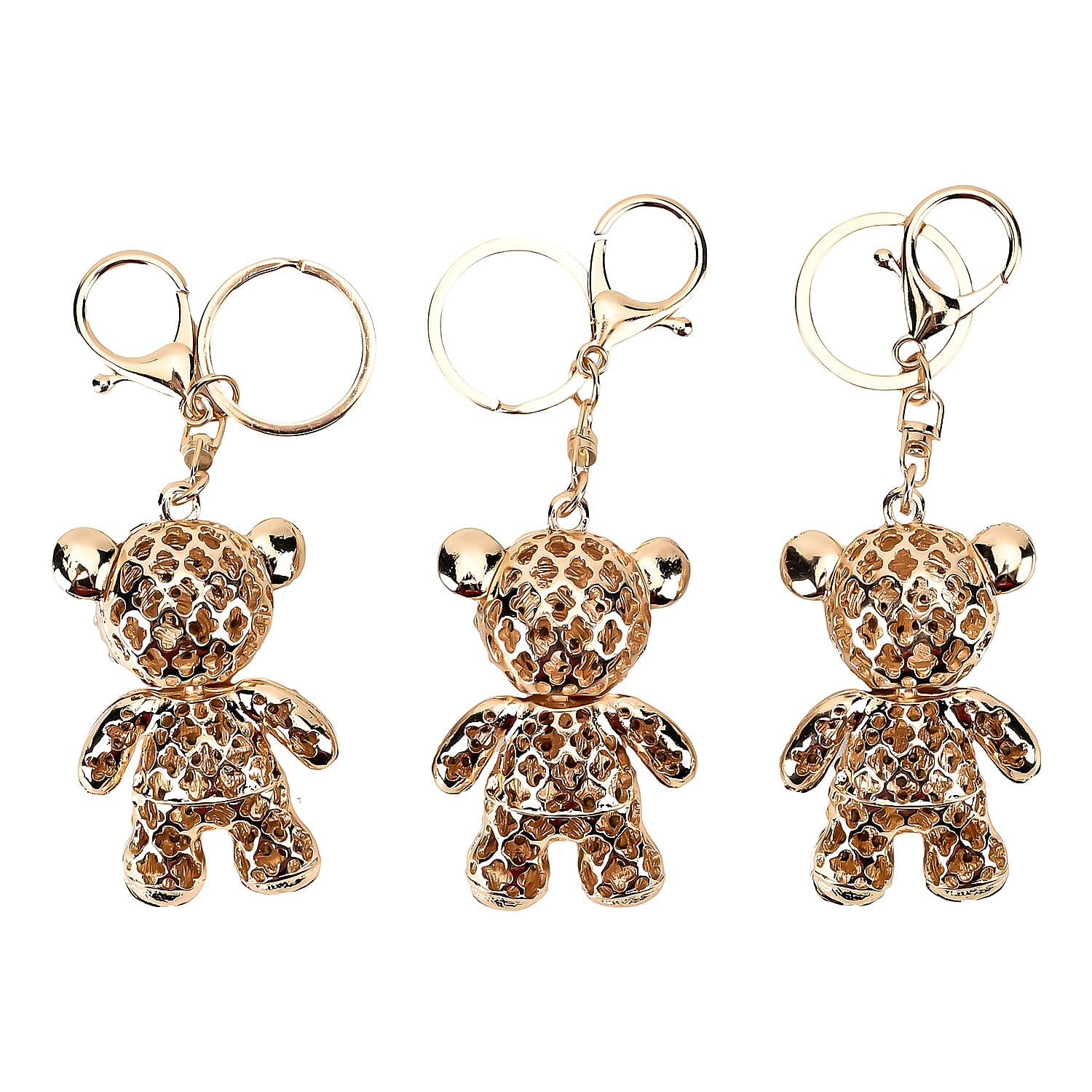Set of 3 Sparkling Rhinestone Bear Keychain in Goldtone