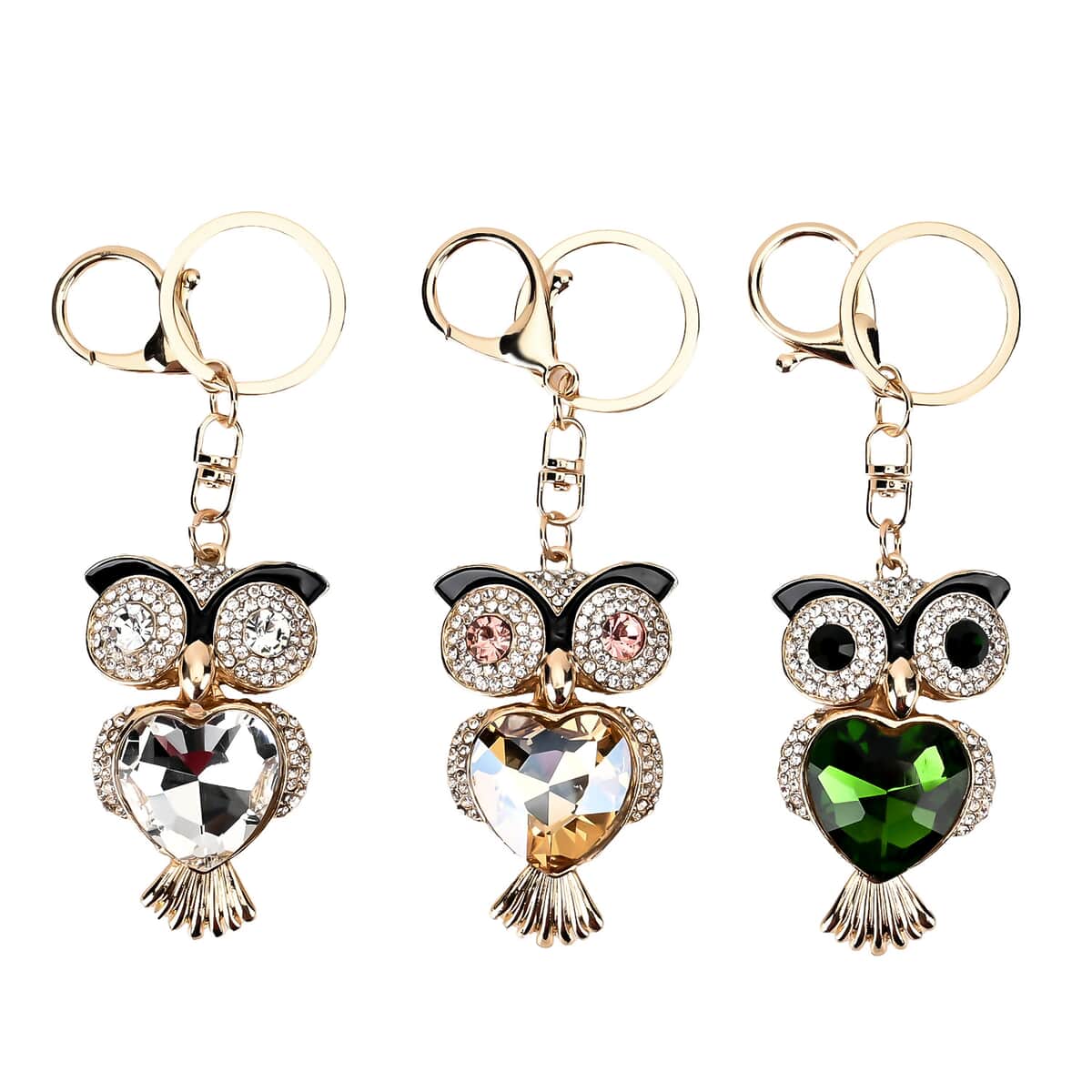 Set of 3 Multi Sparkling Rhinestone Owl Keychain in Goldtone image number 0