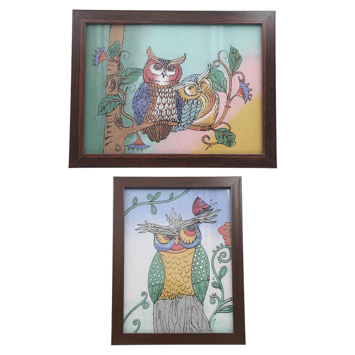 Set of 2 Handcrafted Gemstone Owl Painting image number 0