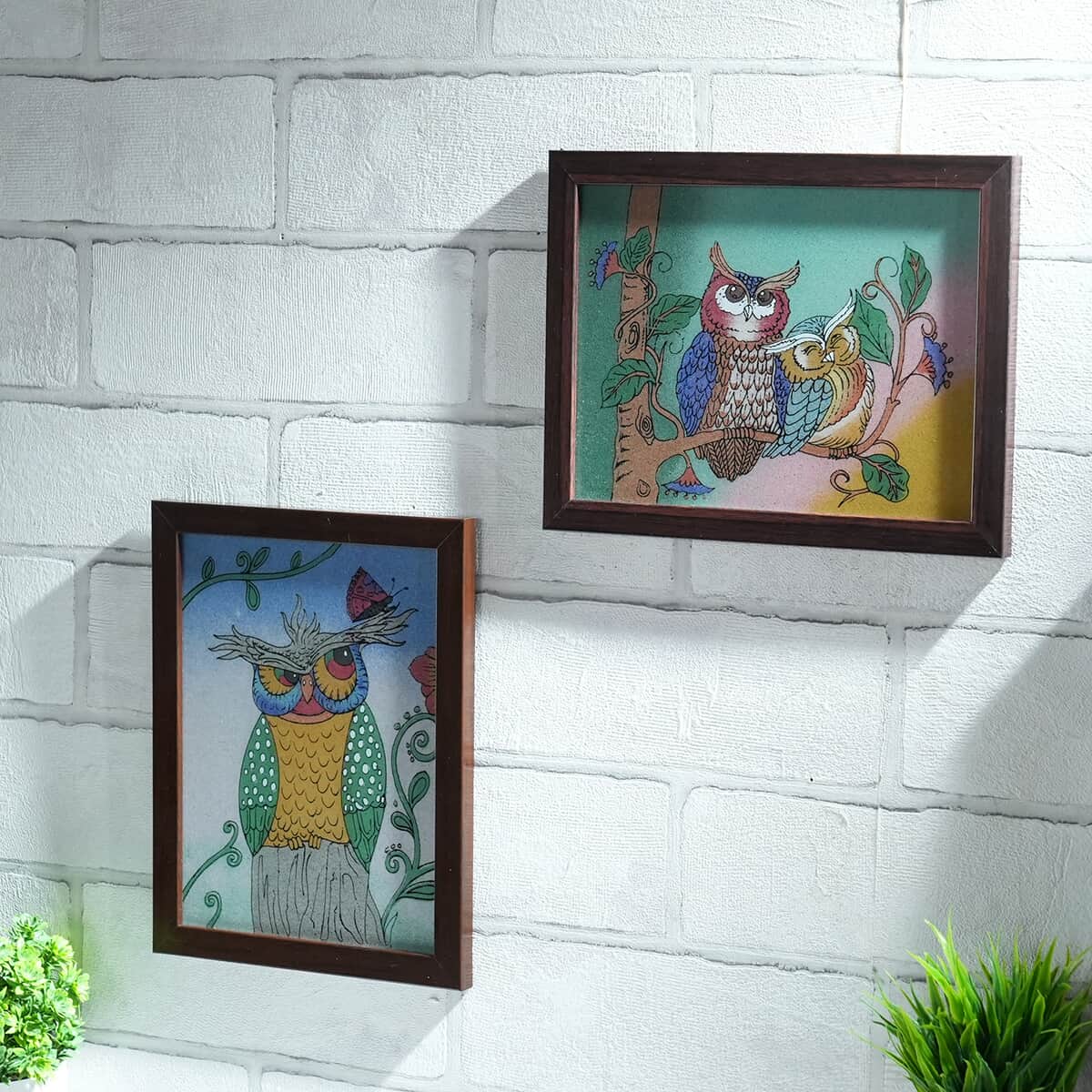 Set of 2 Handcrafted Gemstone Owl Painting image number 1