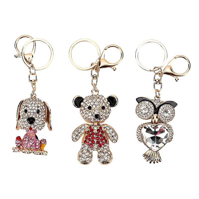 Set of 3 Sparkling Rhinestone Dog, Bear, Owl Keychain in Goldtone