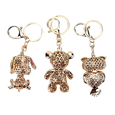 Set of 3 Sparkling Rhinestone Dog, Bear, Owl Keychain in Goldtone