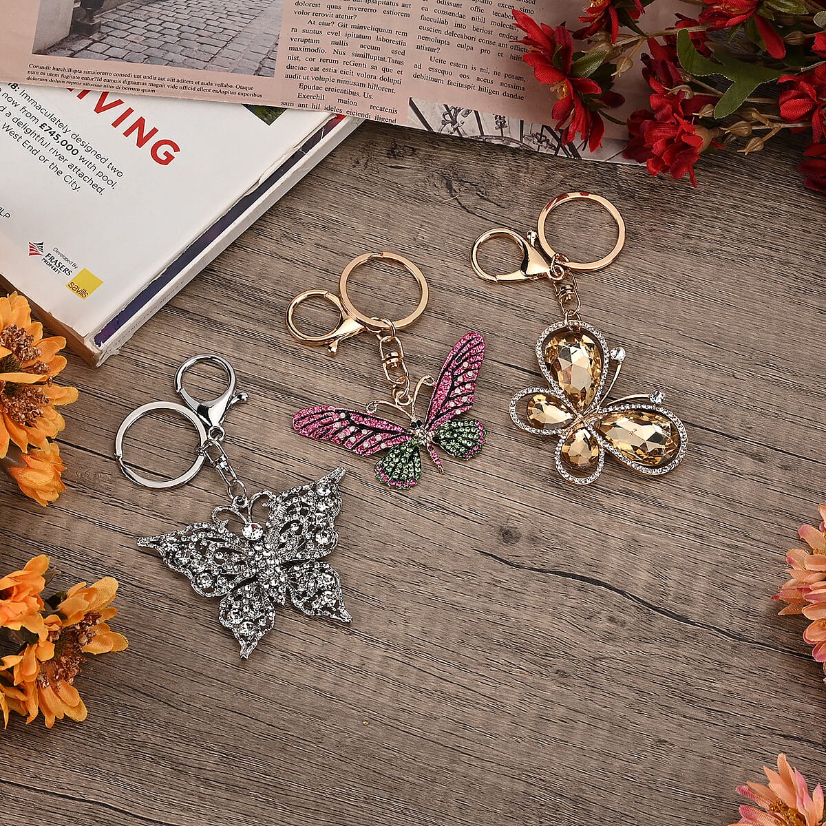 Set of 3 Sparkling Rhinestone Butterfly Keychain in Goldtone & Silvertone image number 1