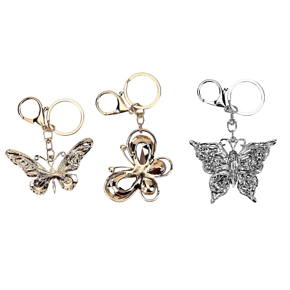 Set of 3 Sparkling Rhinestone Butterfly Keychain in Goldtone & Silvertone image number 2
