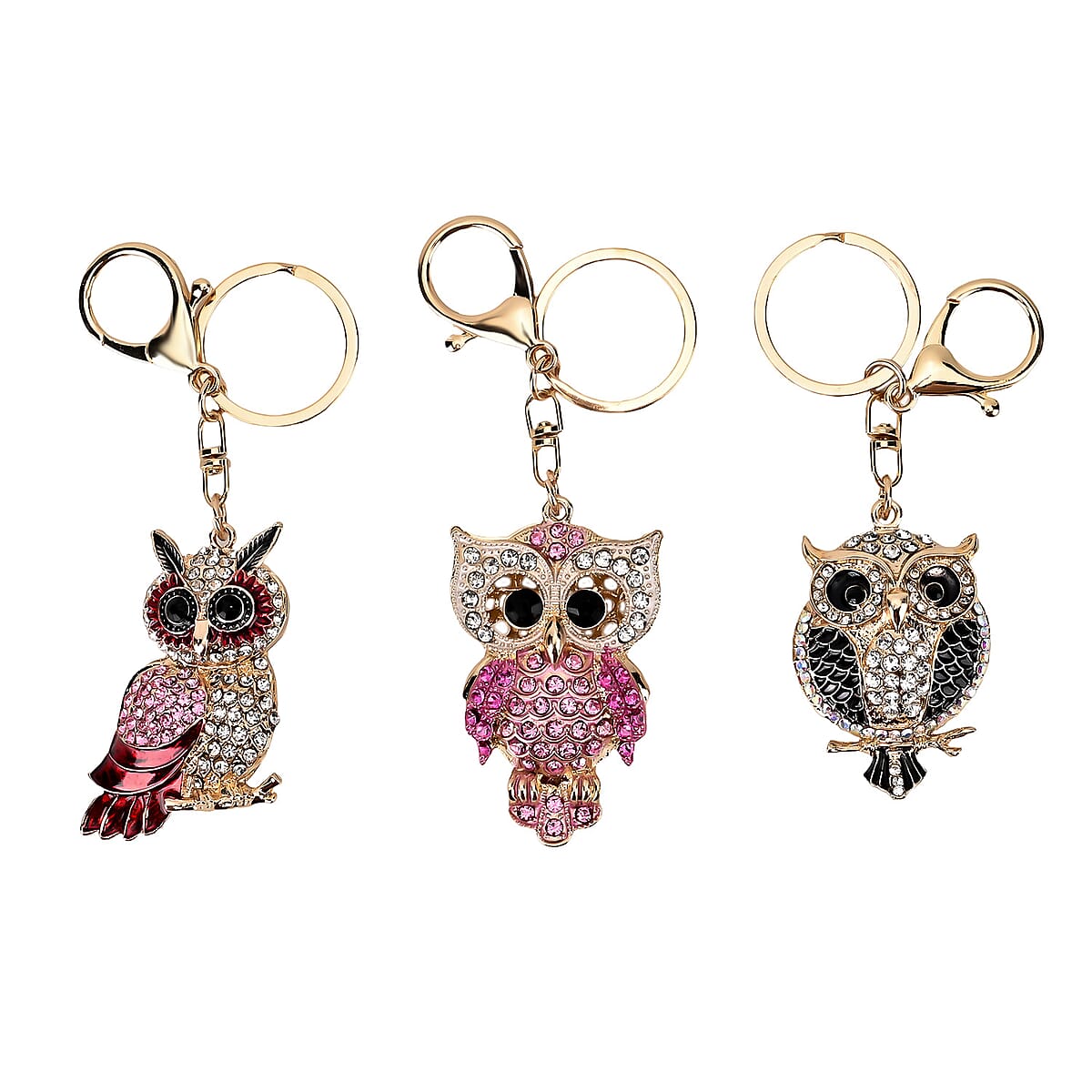 Set of 3 Pink, Black, Red Sparkling Rhinestone Owl Keychain in Goldtone image number 0