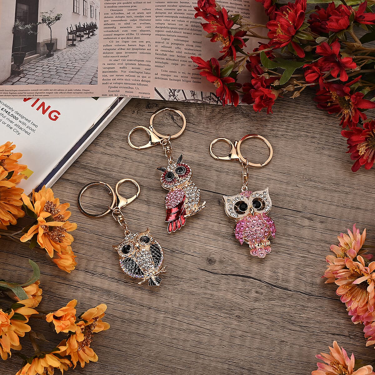 Set of 3 Pink, Black, Red Sparkling Rhinestone Owl Keychain in Goldtone image number 1