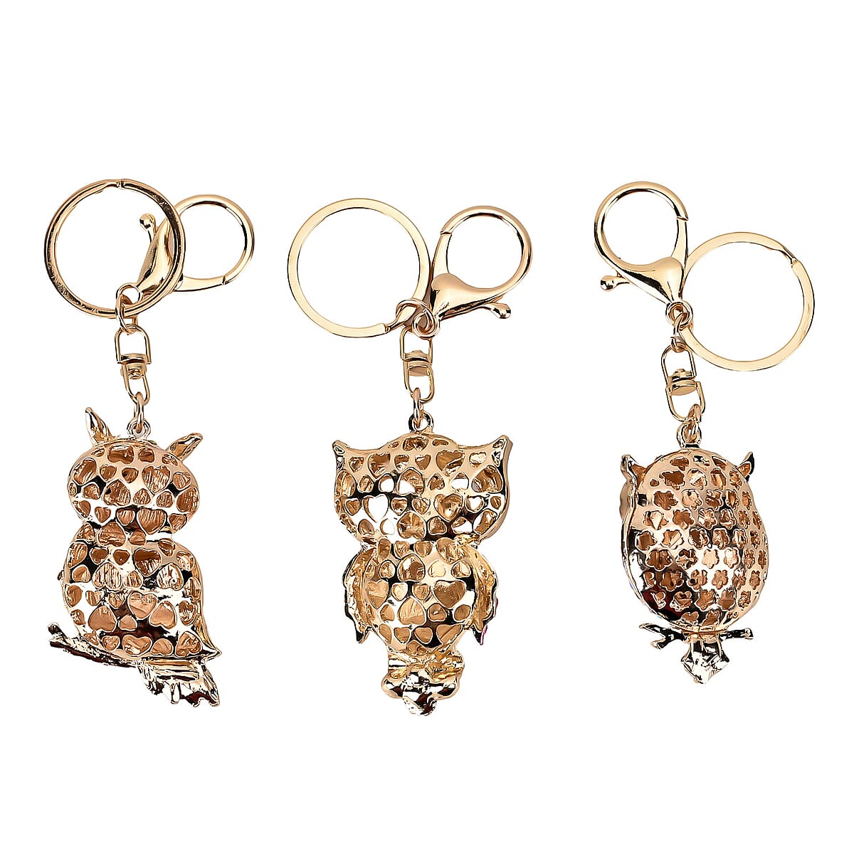 Set of 3 Pink, Black, Red Sparkling Rhinestone Owl Keychain in Goldtone image number 2