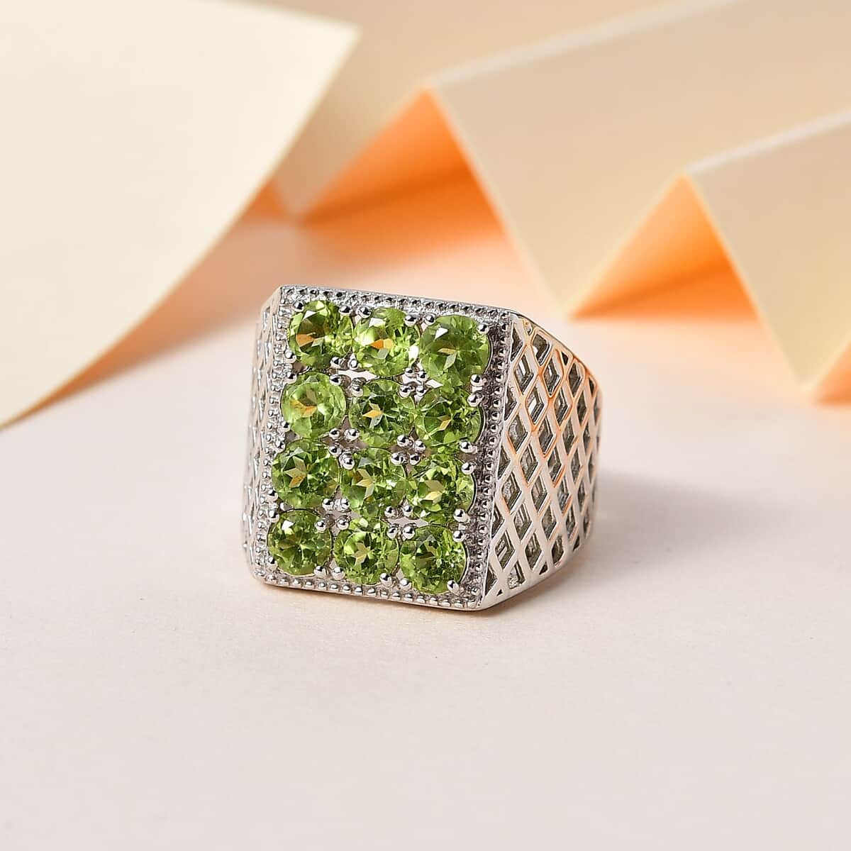 Peridot Men's Ring in Platinum Over Sterling Silver (Size 9.0) 3.65 ctw image number 1