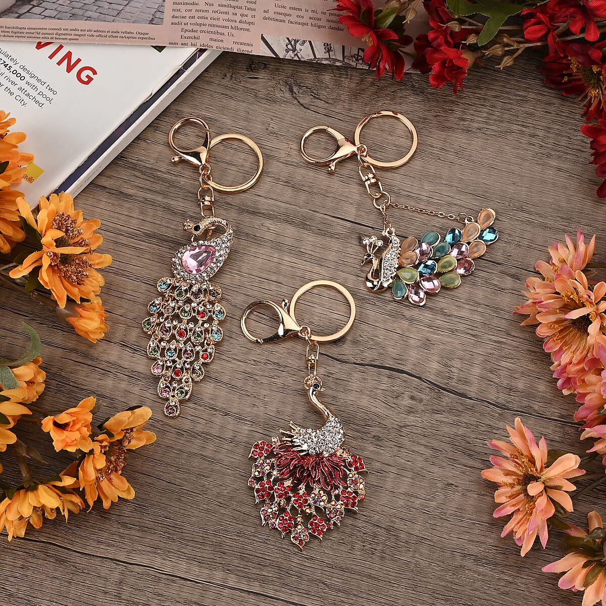 Set of 3 Sparkling Rhinestone Peacock Keychain in Goldtone image number 1