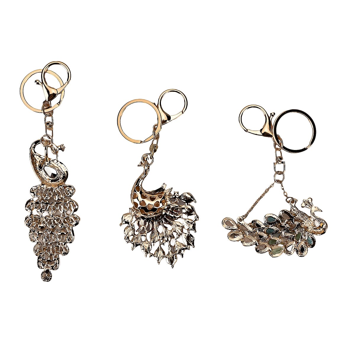 Set of 3 Sparkling Rhinestone Peacock Keychain in Goldtone image number 2