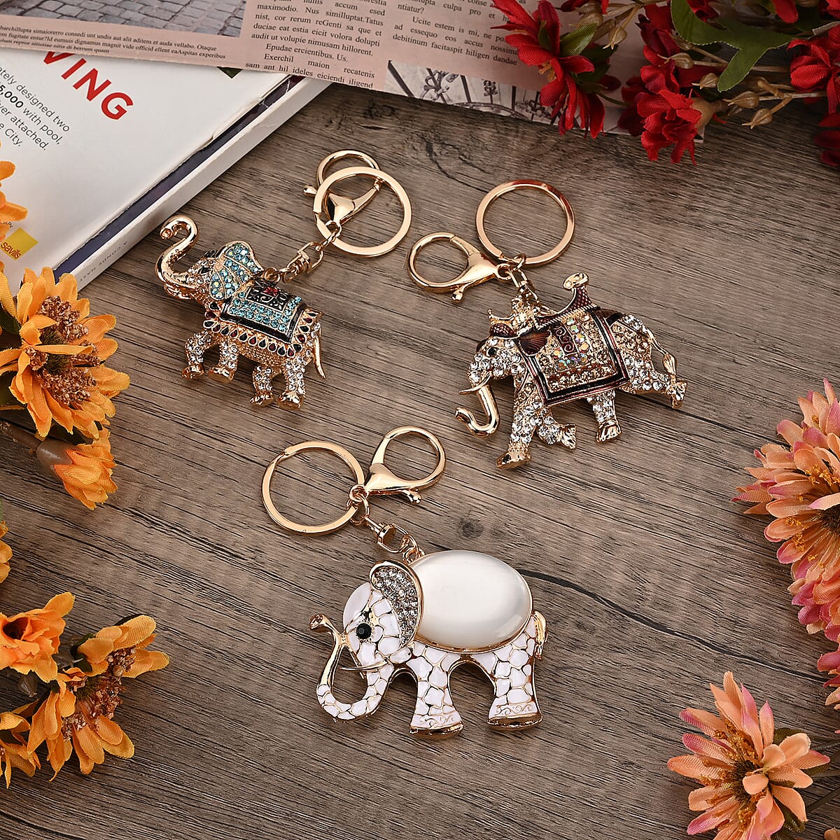 Set of 3 Sparkling Rhinestone Elephant Keychain in Goldtone image number 1