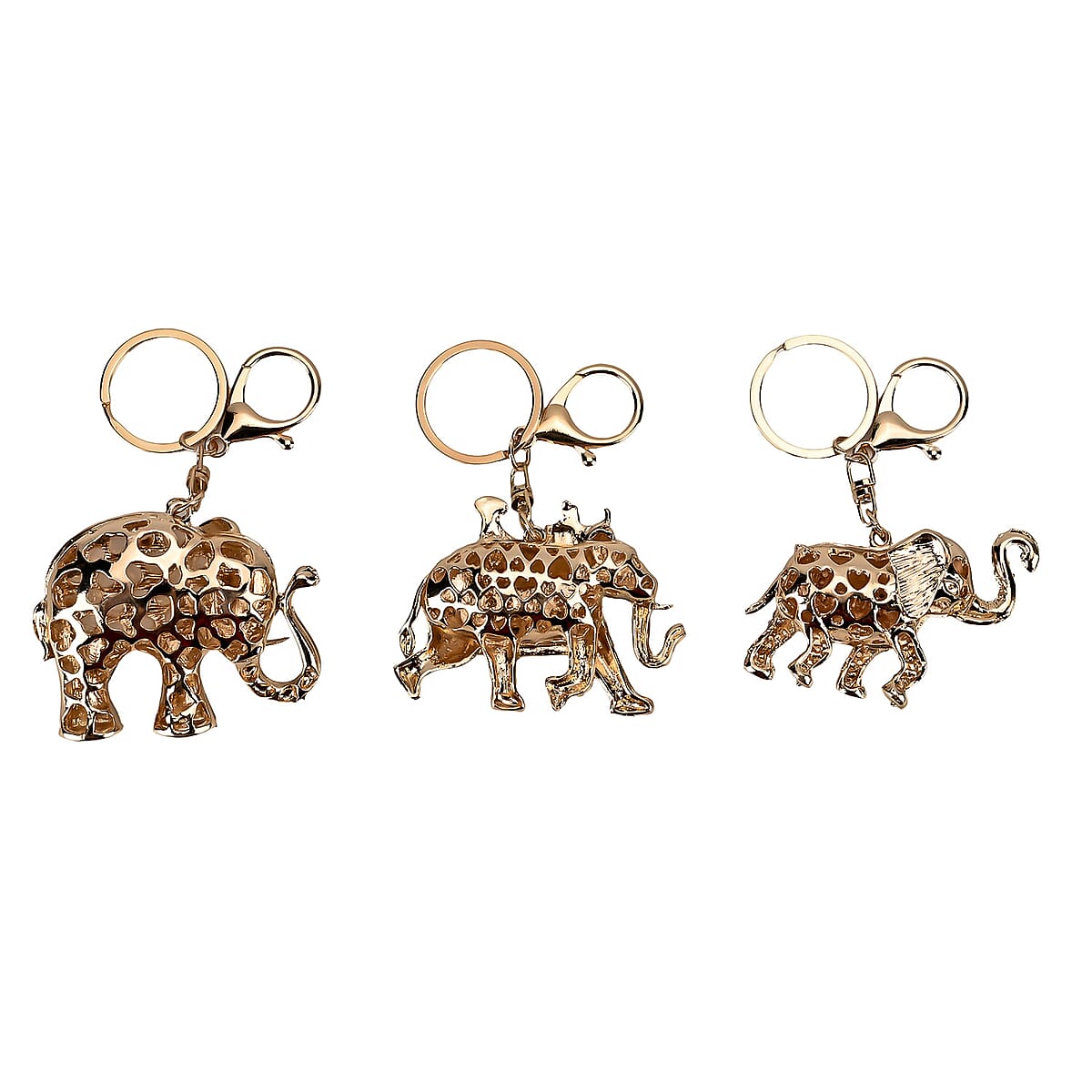 Set of 3 Sparkling Rhinestone Elephant Keychain in Goldtone image number 2