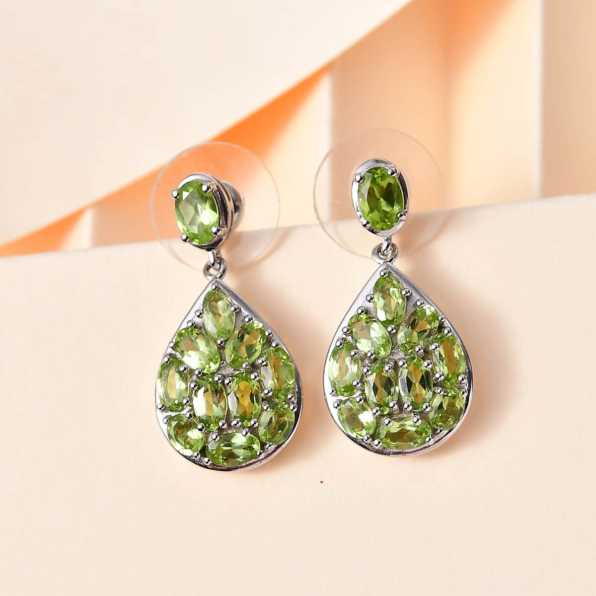 Peridot Dangling Earrings in Platinum Over Sterling Silver 6.15 ctw image number 1