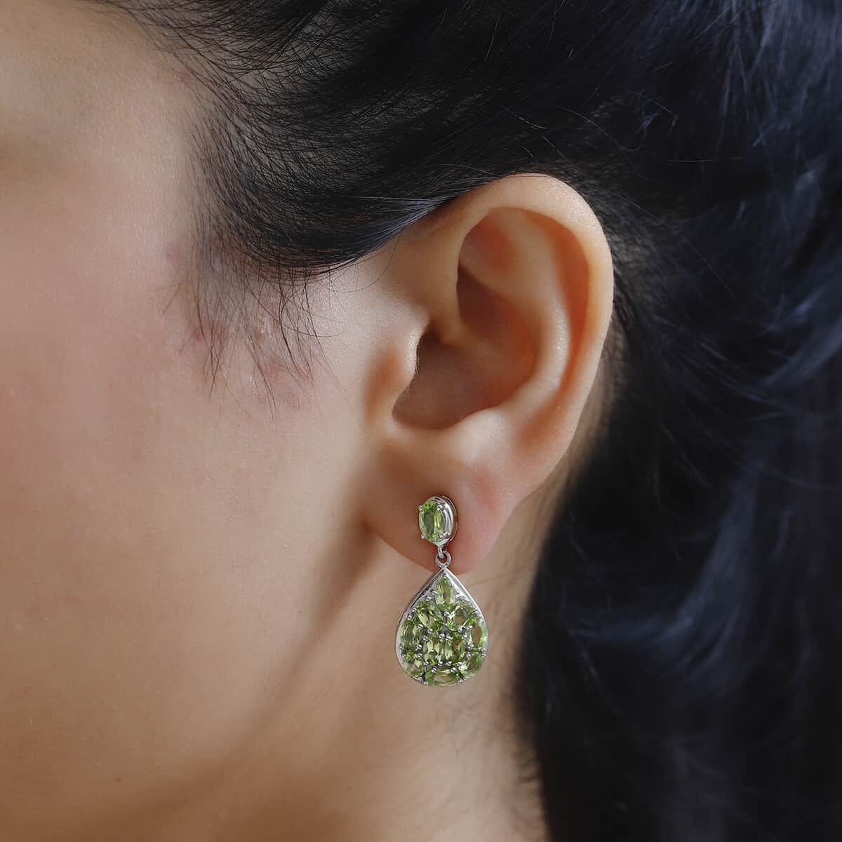 Peridot Dangling Earrings in Platinum Over Sterling Silver 6.15 ctw image number 2