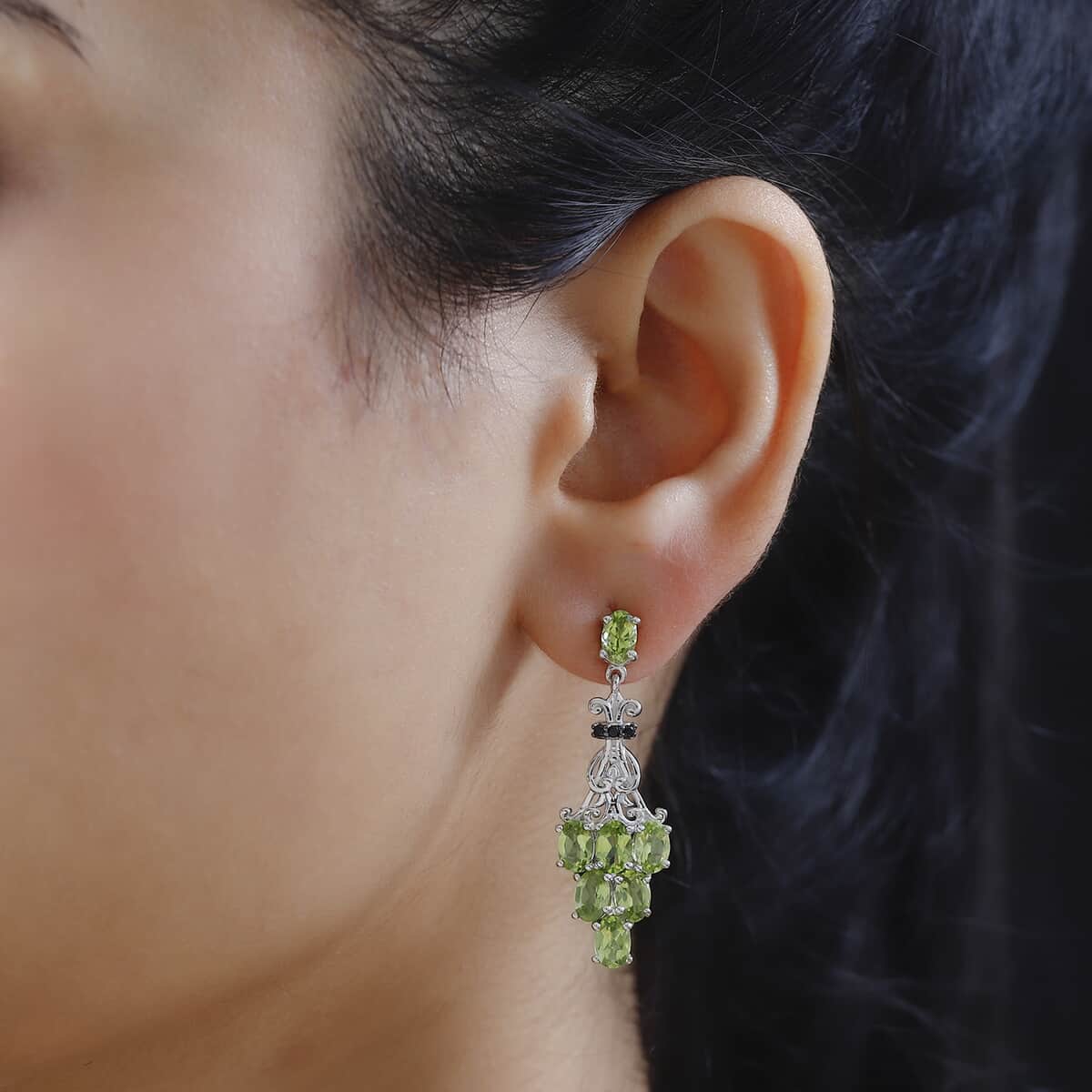 Peridot and Thai Black Spinel Dangling Earrings in Platinum Over Sterling Silver (Del. in 10-12 Days) 6.70 ctw image number 2