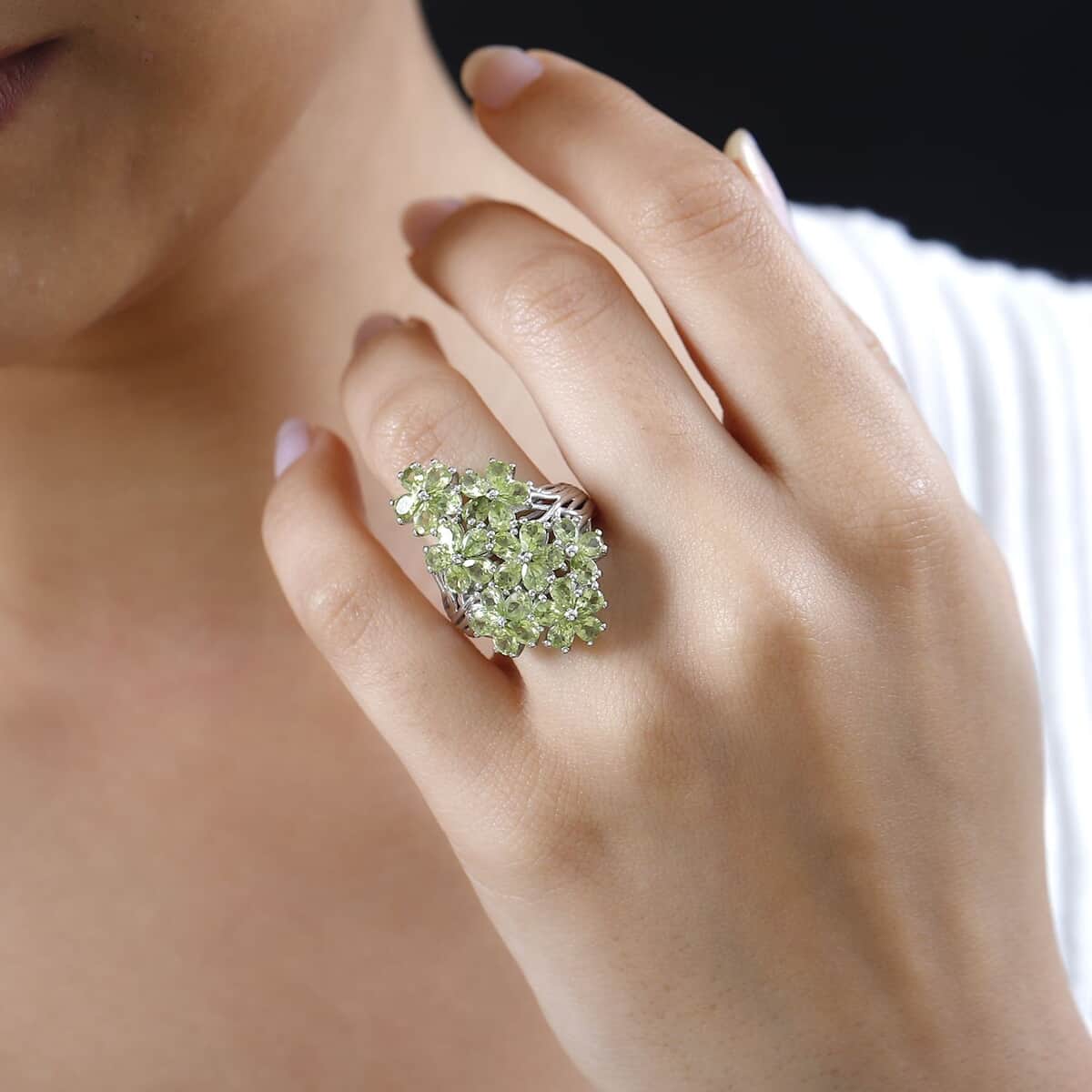 Peridot Floral Ring in Platinum Over Sterling Silver (Size 10.0) (Del. in 10-12 Days) 6.25 ctw image number 2