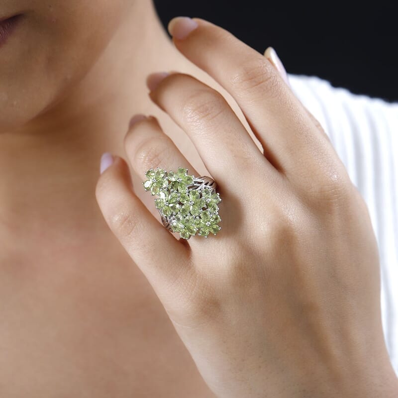 Peridot Floral Ring in Platinum Over Sterling Silver (Size 10.0) 5.25 ctw