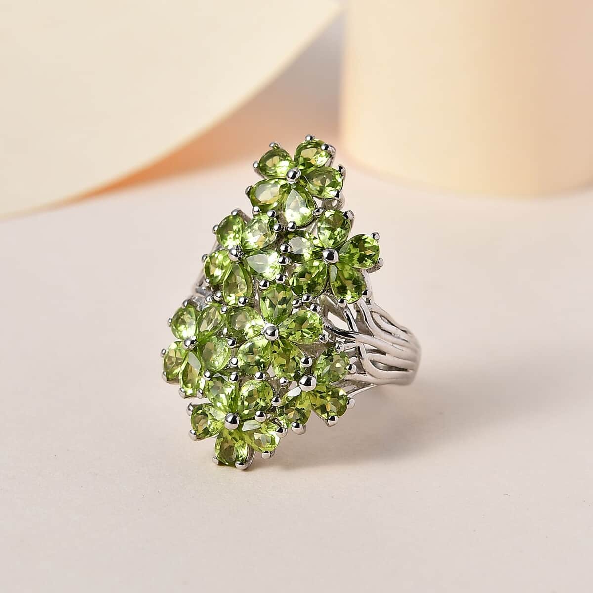 Peridot Floral Ring in Platinum Over Sterling Silver (Size 5.0) 5.25 ctw image number 1