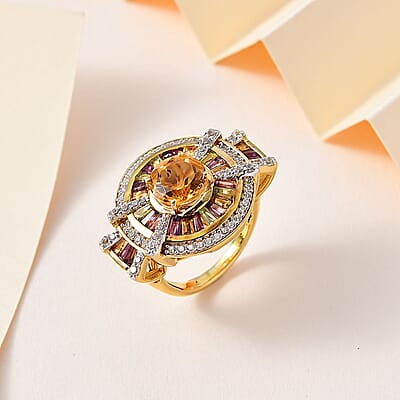 GP Royal Art Deco Collection Premium Brazilian Citrine and Multi Gemstone Ring in Vermeil Yellow Gold Over Sterling Silver (Size 10.0) 4.00 ctw