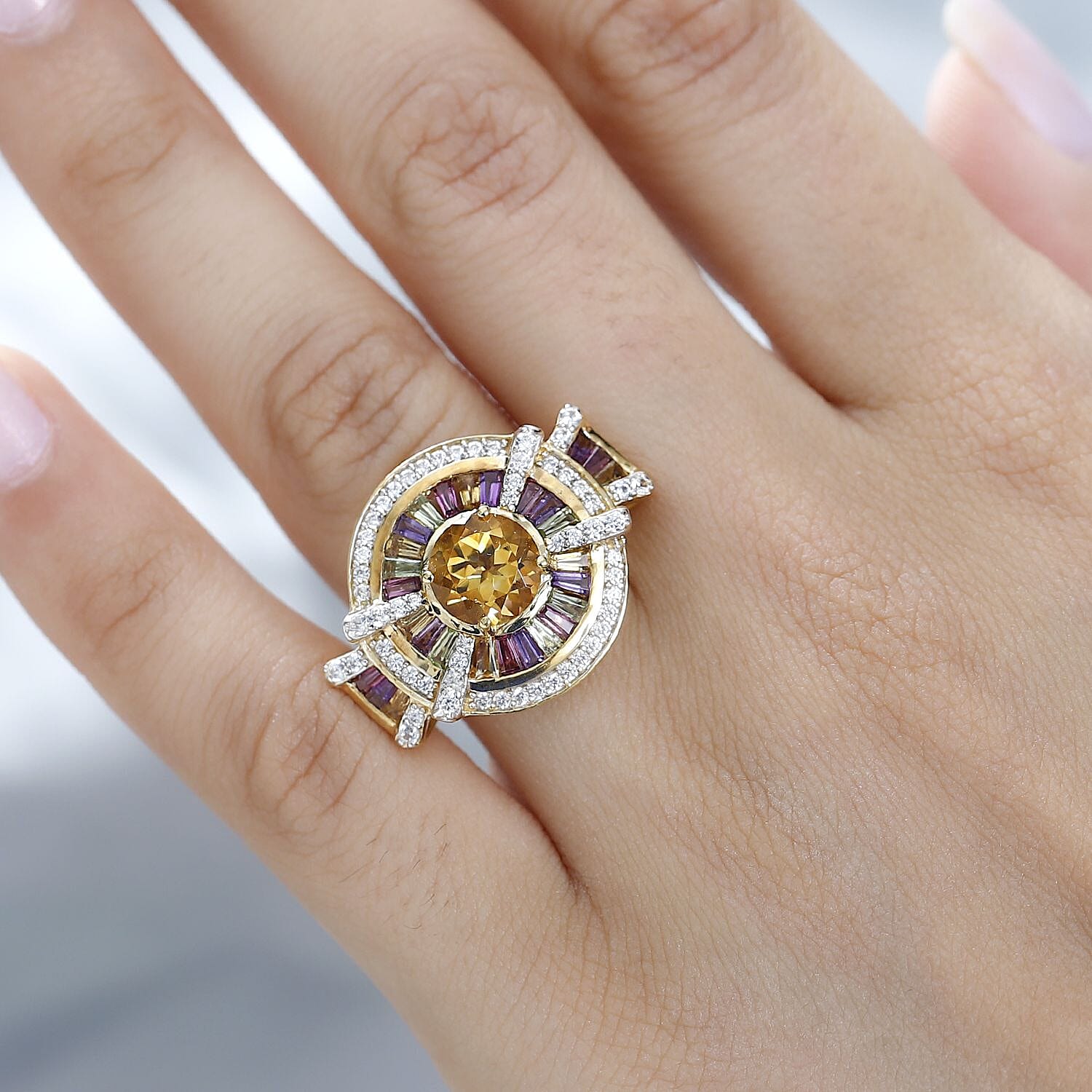 GP Royal Art Deco Collection Premium Brazilian Citrine and Multi Gemstone Ring in Vermeil Yellow Gold Over Sterling Silver (Size 10.0) 4.00 ctw
