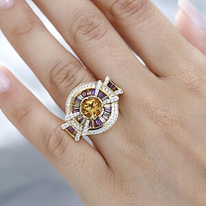 GP Royal Art Deco Collection Premium Brazilian Citrine and Multi Gemstone Ring in Vermeil Yellow Gold Over Sterling Silver (Size 10.0) 4.00 ctw