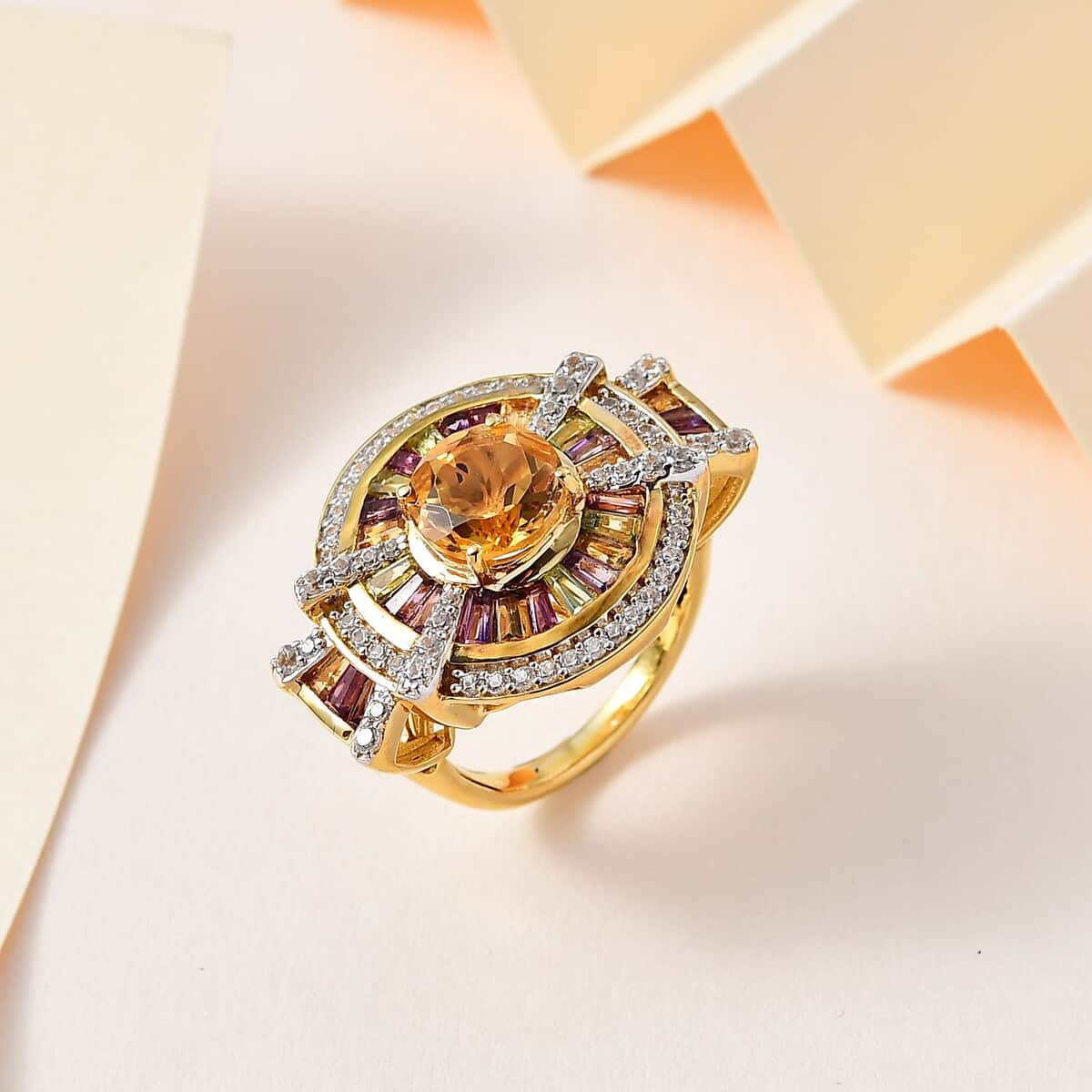 GP Royal Art Deco Collection Premium Brazilian Citrine and Multi Gemstone Ring in Vermeil Yellow Gold Over Sterling Silver (Size 5.0) 4.00 ctw image number 1