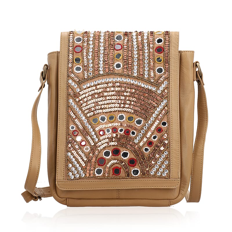 Beige Genuine Leather Embellished Crossbody Sling Bag