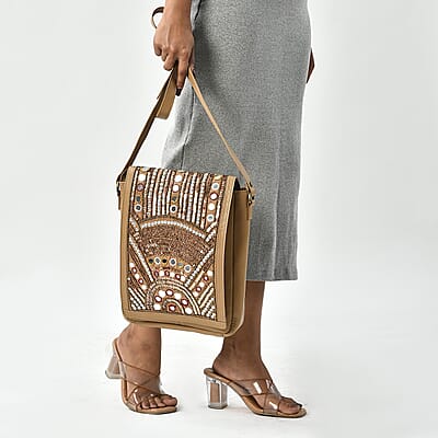 Beige Genuine Leather Embellished Crossbody Sling Bag