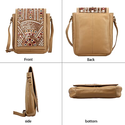 Beige Genuine Leather Embellished Crossbody Sling Bag