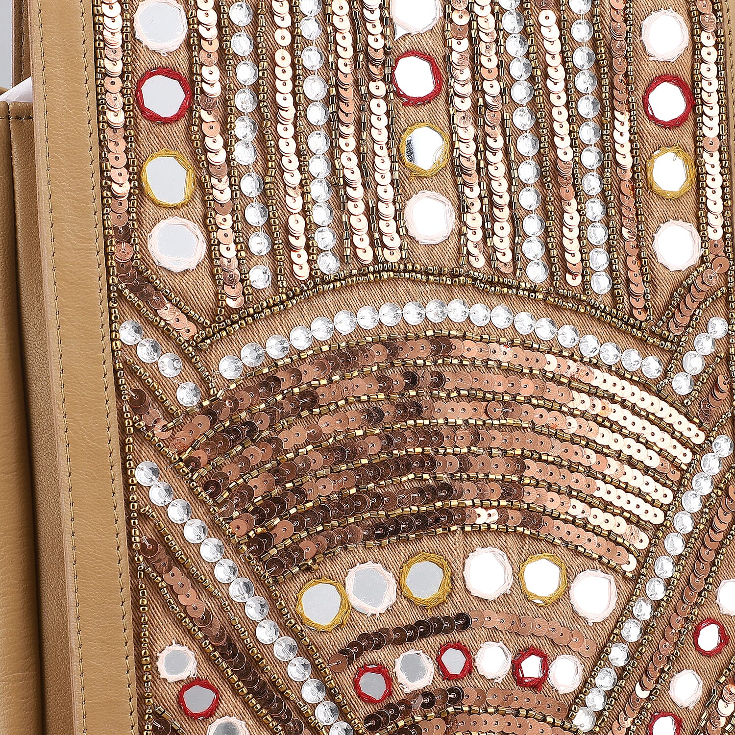 Beige Genuine Leather Embellished Crossbody Sling Bag