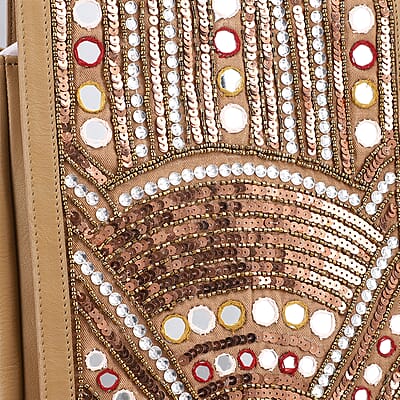 Beige Genuine Leather Embellished Crossbody Sling Bag